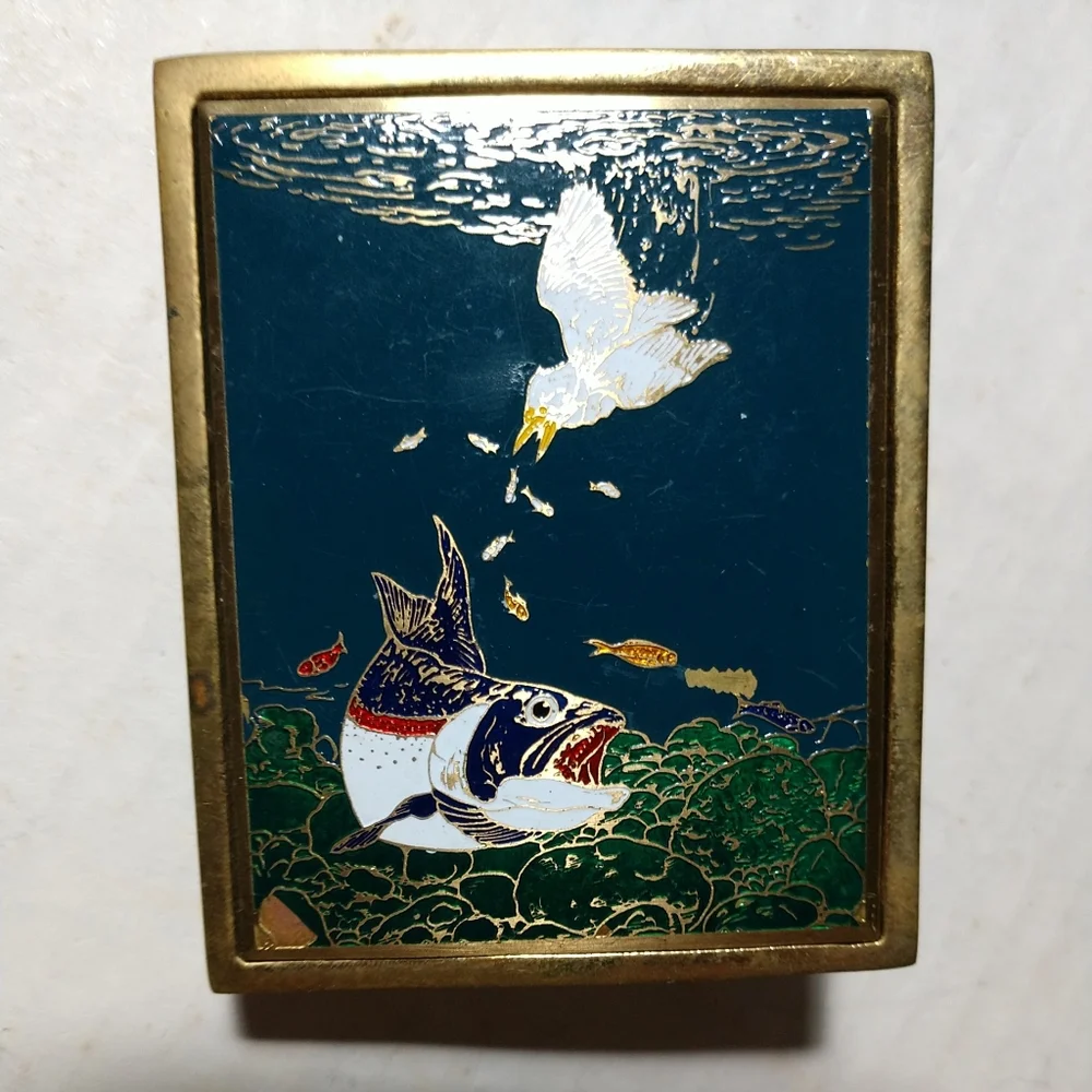 Art Nouveau Style Blue Cloisonne Enamel Bass Fish & Heron Bird Brass Belt Buckle